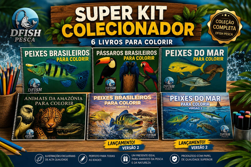 COLEÇÃO COMPLETA – 6 Cadernos para Colorir A4 Encadernados (Peixes + Pássaros + Mar + Amazônia + Versão2)