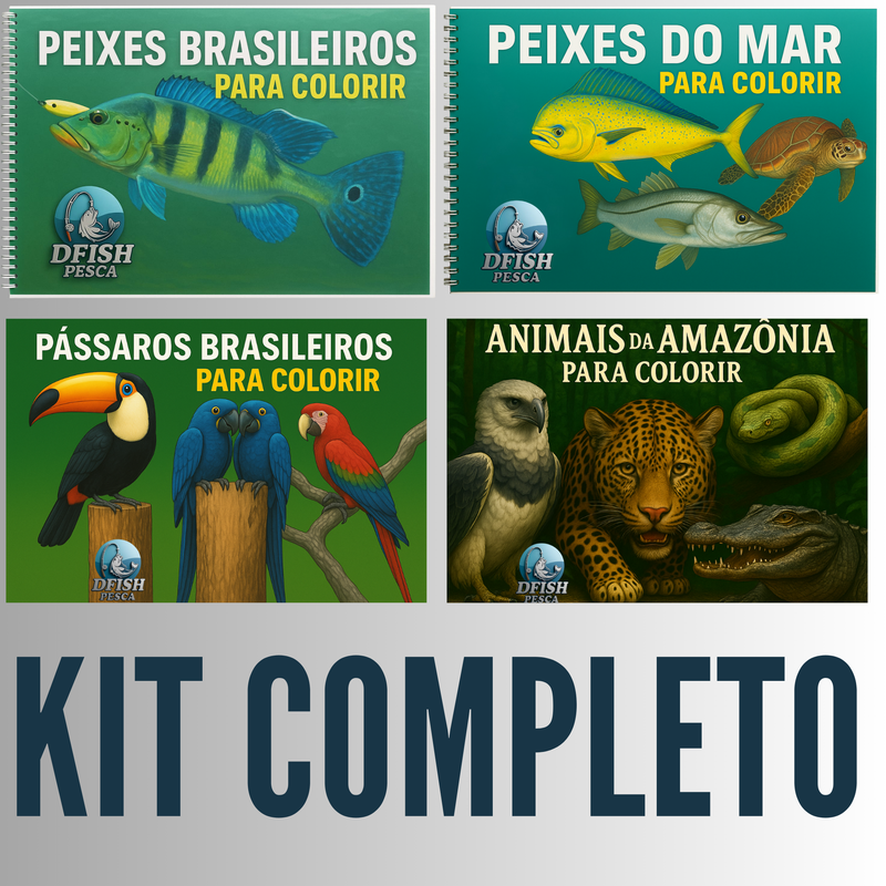KIT COMPLETO – 4 Cadernos para Colorir A4 Encadernados (Peixes + Pássaros + Mar + Amazônia)